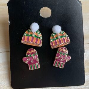 2 Pair Colorful Enamel Earrings Stud Winter Hat & Mittens Unbranded